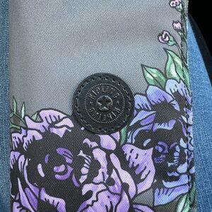 Kipling grey and purple rose zip around wallet